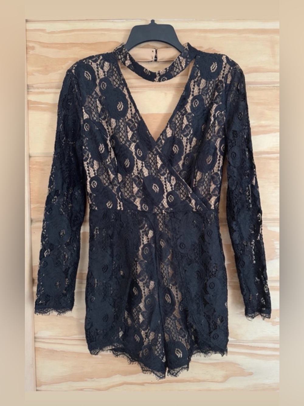 Francesca's Collections Black Lace Long-Sleeve V-Neck Tunic Romper